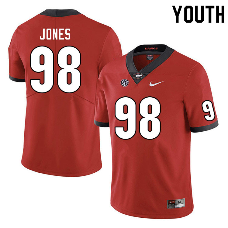 Georgia Bulldogs Youth Noah Jones #98 Red Stitched College UGA Football Jersey 23XA011UU